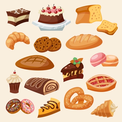 Flat decorative icon pastry and sweets set isolated vector illustration