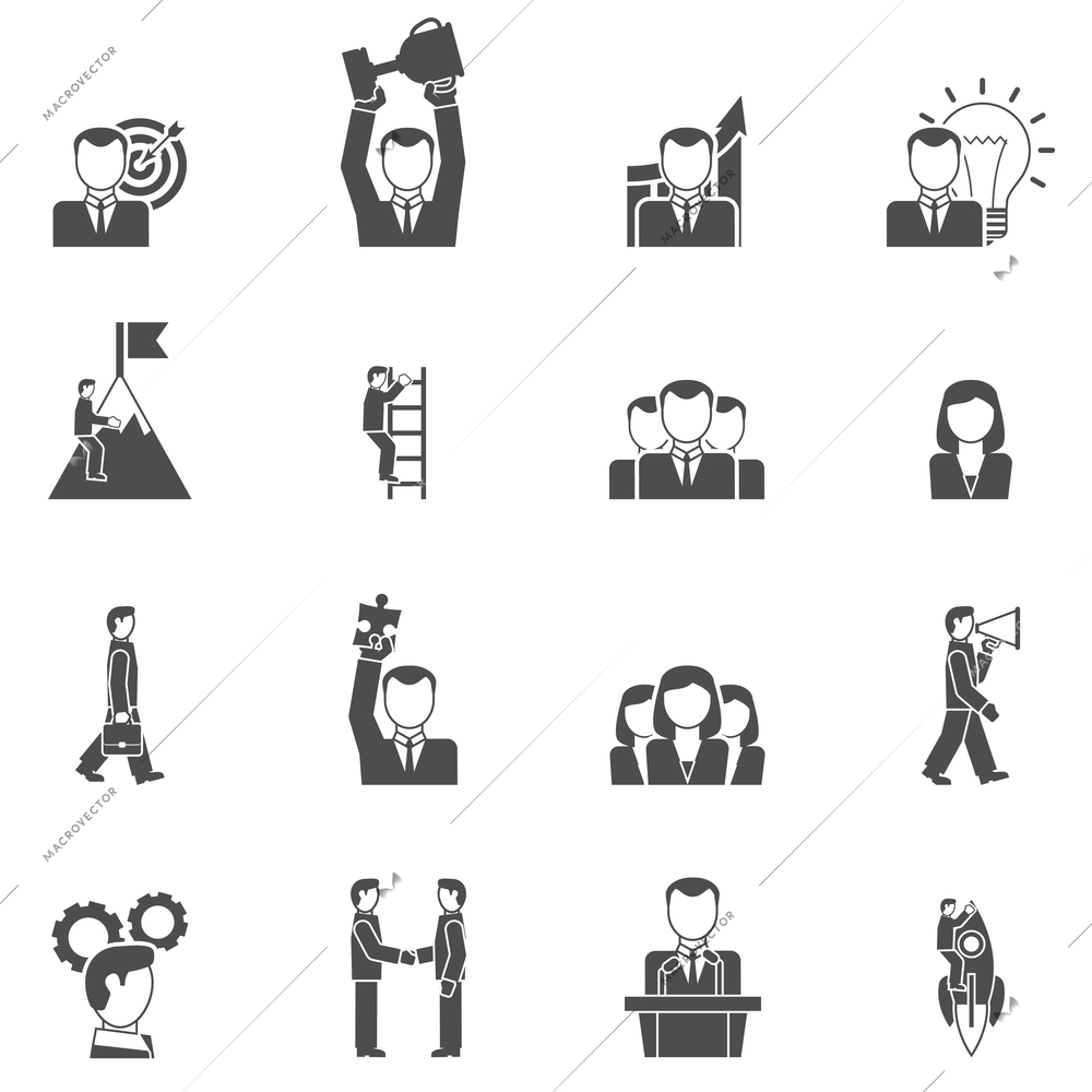 Leadership and startup icons set with puzzle cup and target black white flat isolated vector illustration