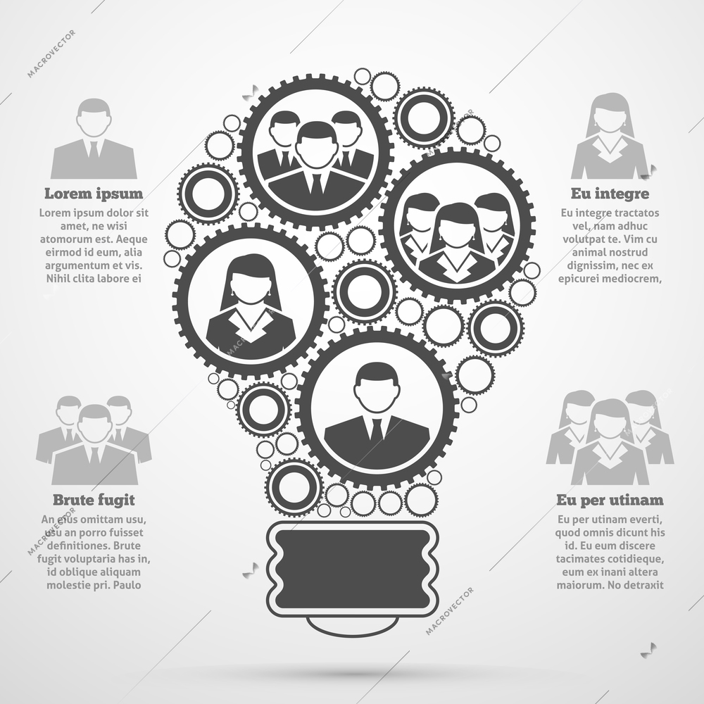 Business management team efficient composition man woman percentage bulb diagram  infographic presentation poster black abstract vector illustration