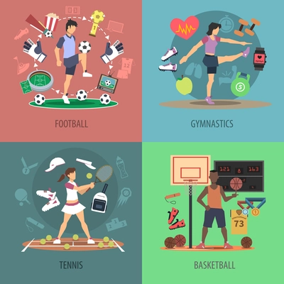 Sport people design concept set with football gymnastics tennis and basketball flat icons isolated vector illustration