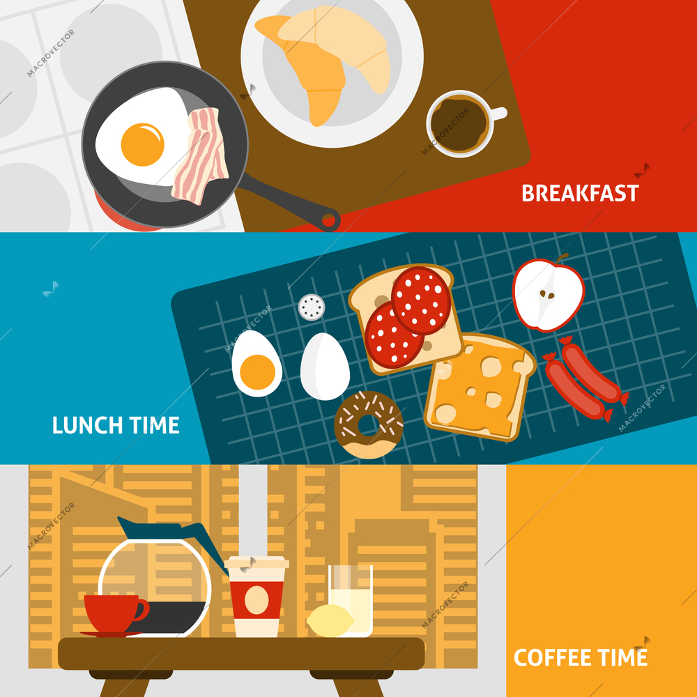 Breakfast lunch and coffee time horizontal banners set flat isolated vector illustration