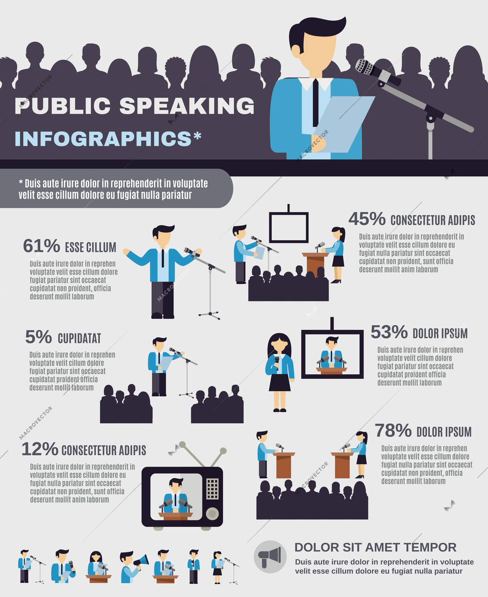 Public speaking infographics set with businessmen and professional speakers vector illustration