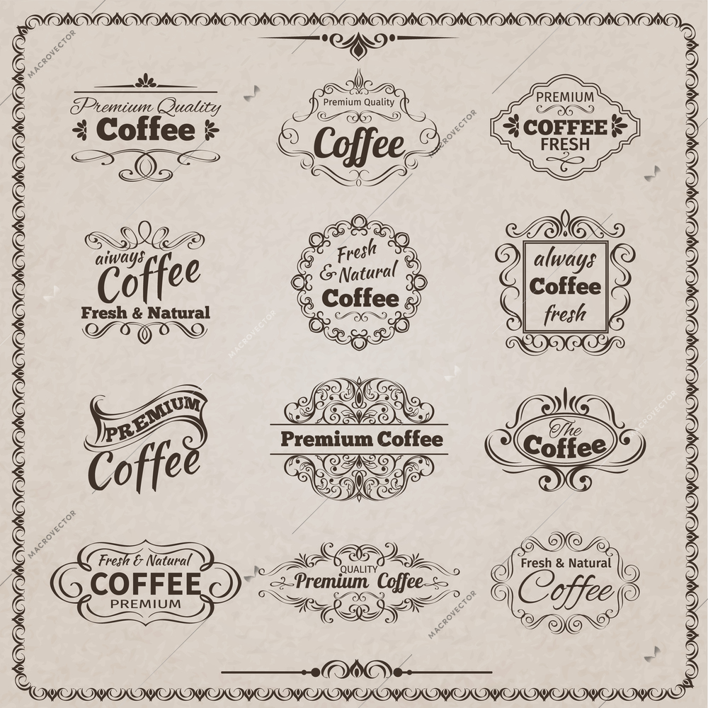 Natural fresh coffee calligraphic vintage decorative emblems set isolated vector illustration