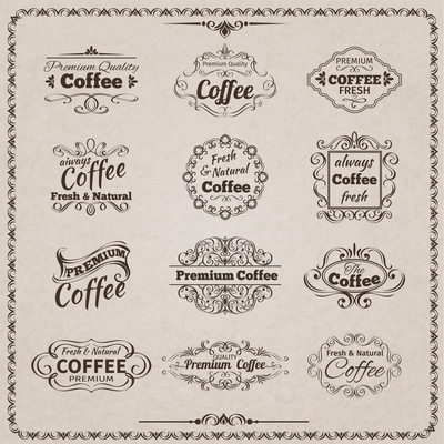 Natural fresh coffee calligraphic vintage decorative emblems set isolated vector illustration