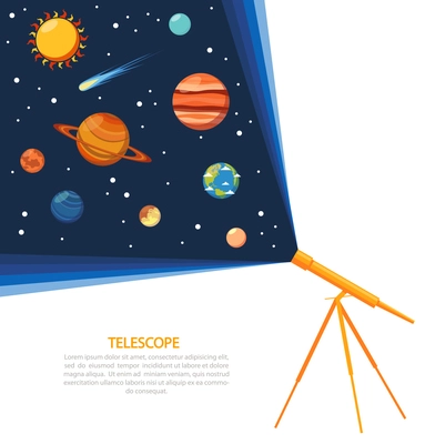 Telescope with solar system comets and stars concept poster flat vector illustration