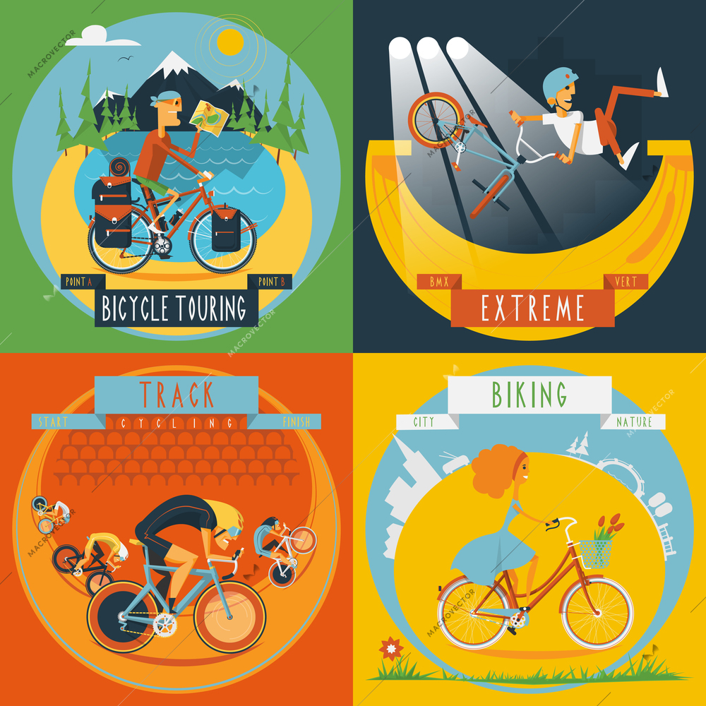 Extreme track cycling and city road bike tour 4 flat icons composition banner abstract isolated vector illustration