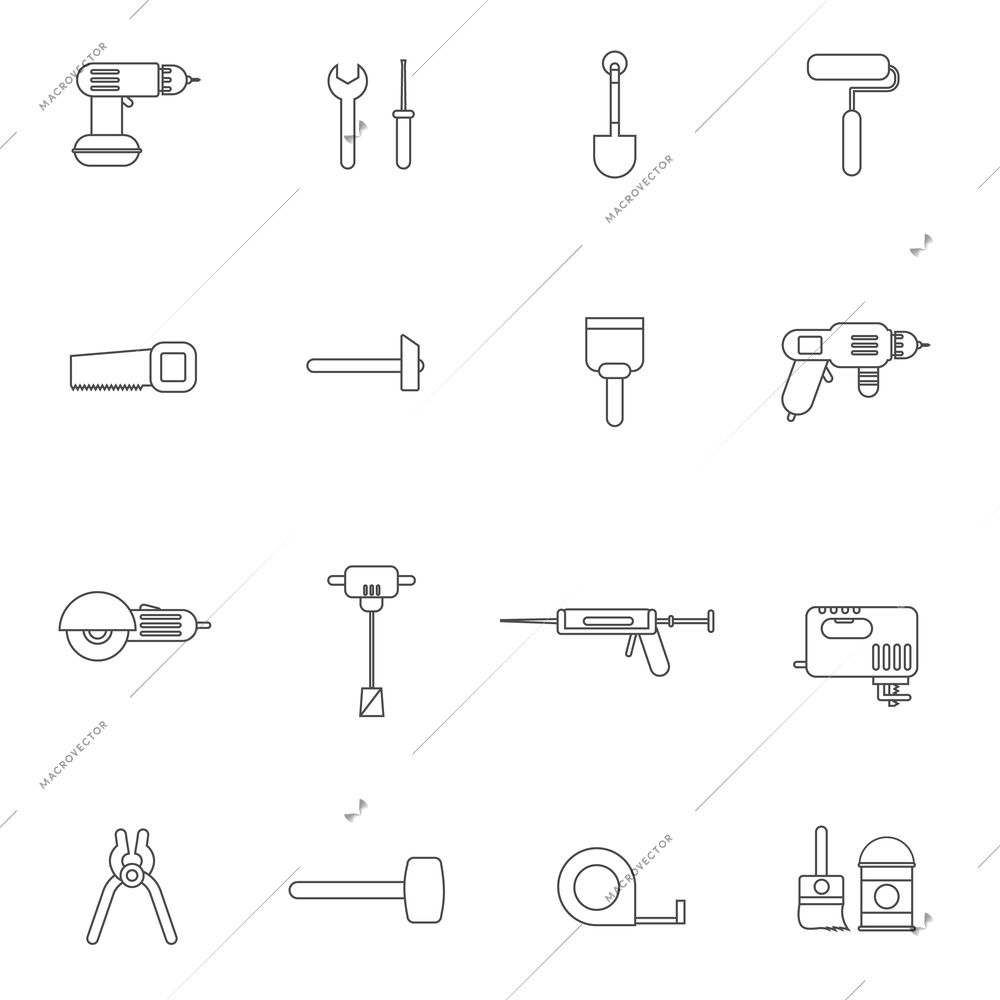 Outline tools for repair and home improvement in bw color vector illustration