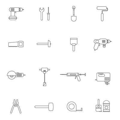 Outline tools for repair and home improvement in bw color vector illustration