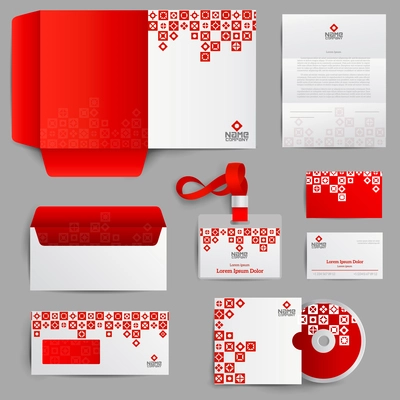 Corporate identity red set with realistic paper stationery objects isolated vector illustration