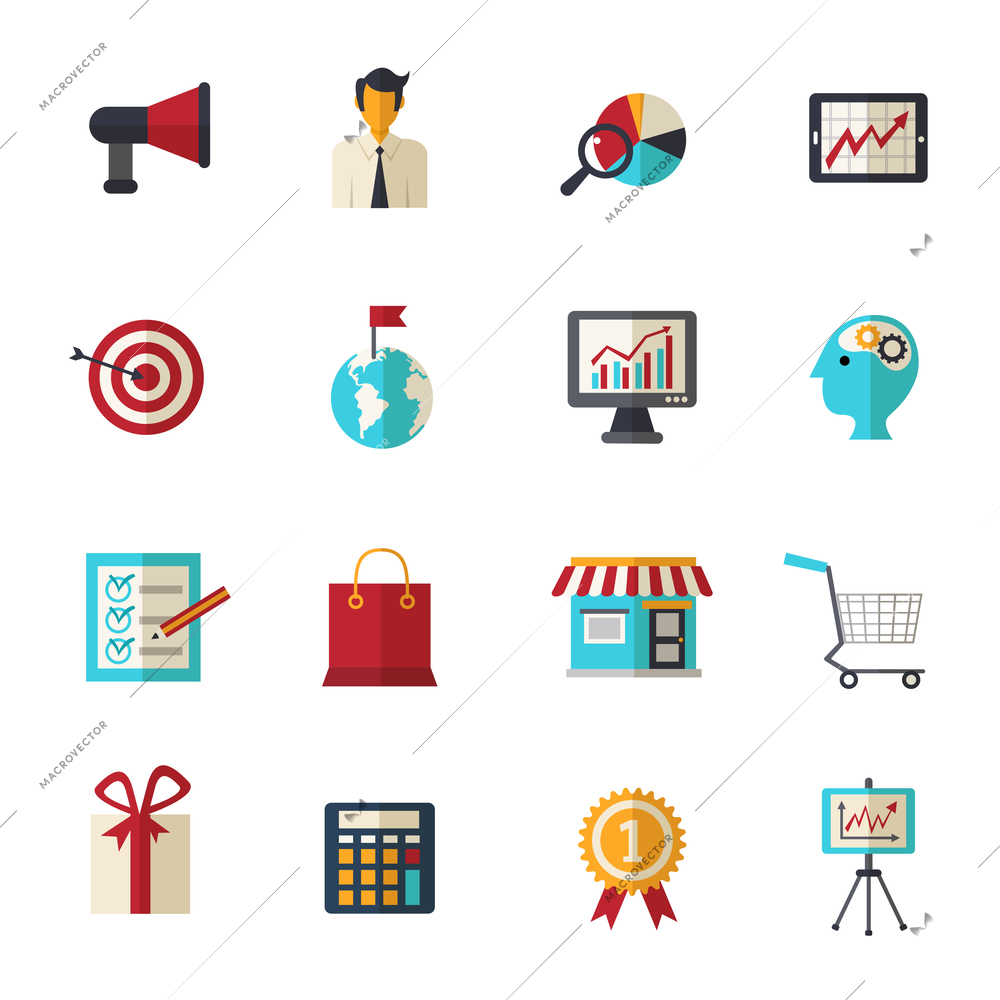 Marketing strategy business support and creative flat icons set isolated vector illustration