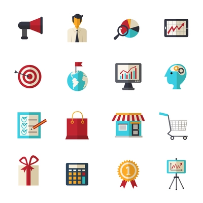 Marketing strategy business support and creative flat icons set isolated vector illustration