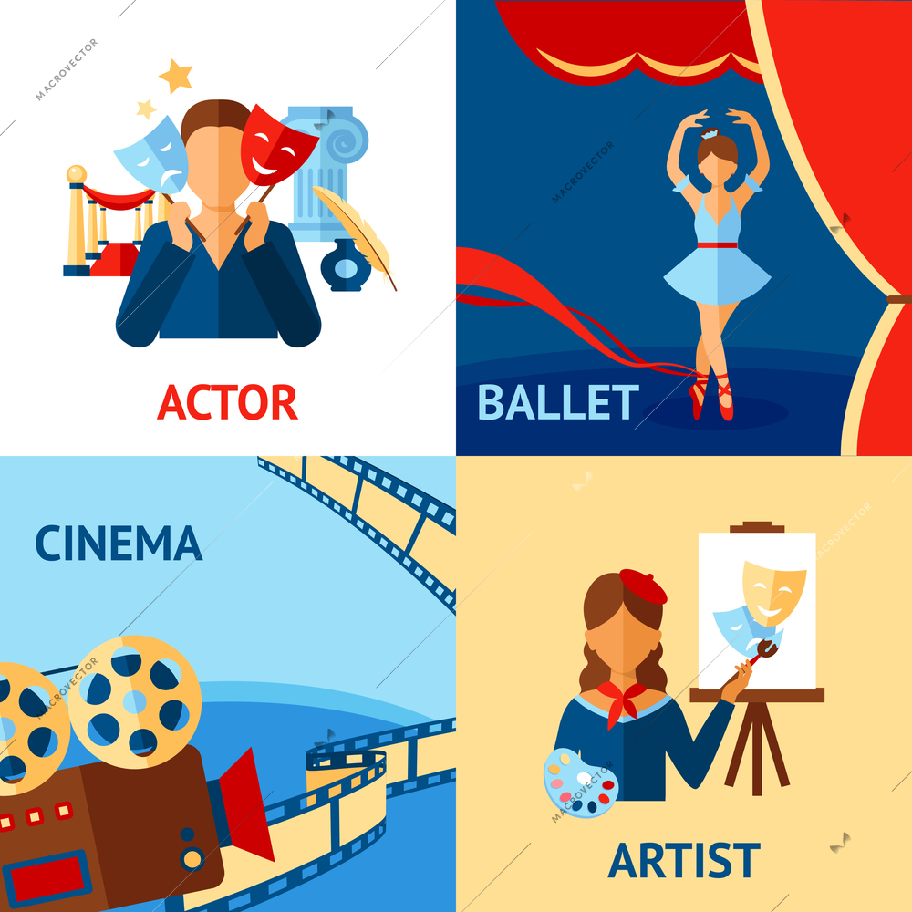 Art and culture design concept set with actor ballet cinema artist flat icons isolated vector illustration