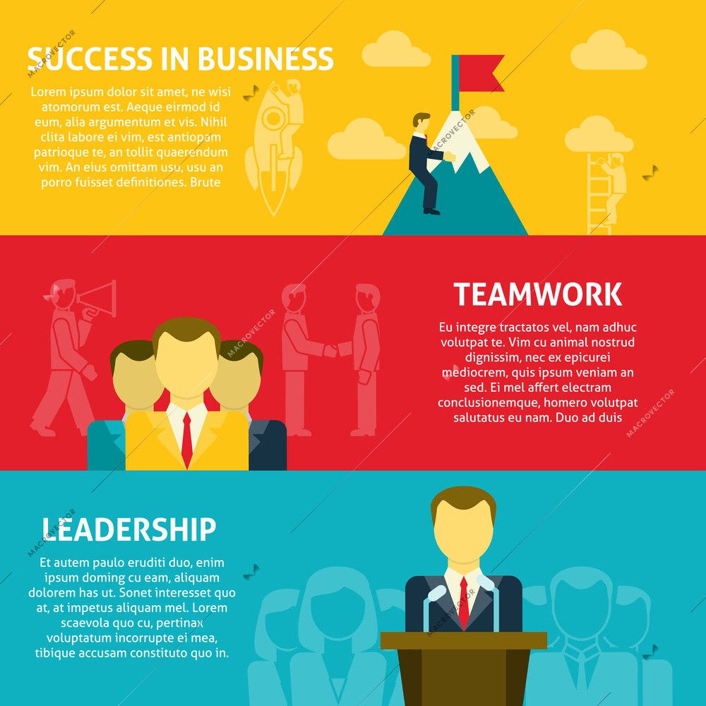 Leadership teamwork and success horizontal banners set flat isolated vector illustration