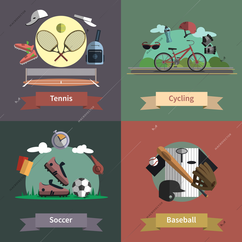 Tennis cycling baseball soccer outdoor sport active lifestyle 4 flat icons composition banner abstract  vector isolated illustration