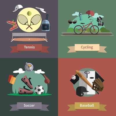 Tennis cycling baseball soccer outdoor sport active lifestyle 4 flat icons composition banner abstract  vector isolated illustration