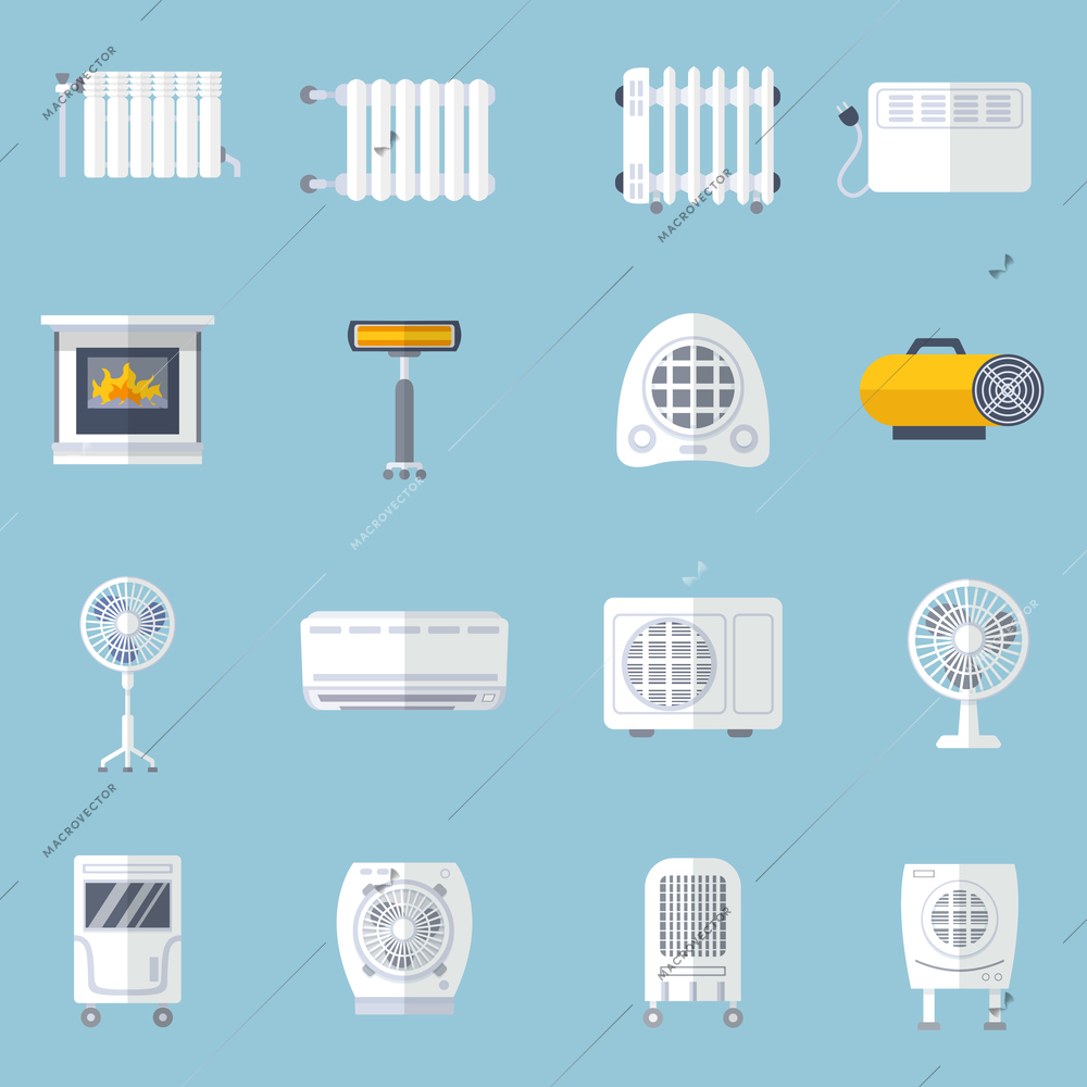 Heating and cooling conditioning flat icons set isolated vector illustration