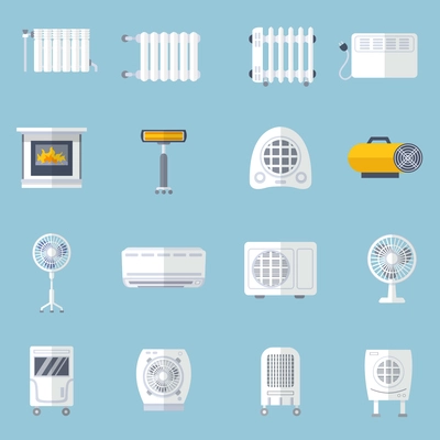 Heating and cooling conditioning flat icons set isolated vector illustration