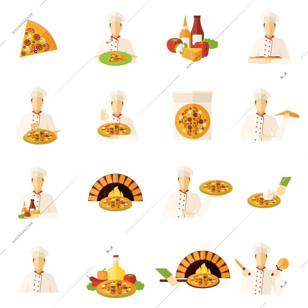 Pizza makers food and kitchen flat icons set isolated vector illustration