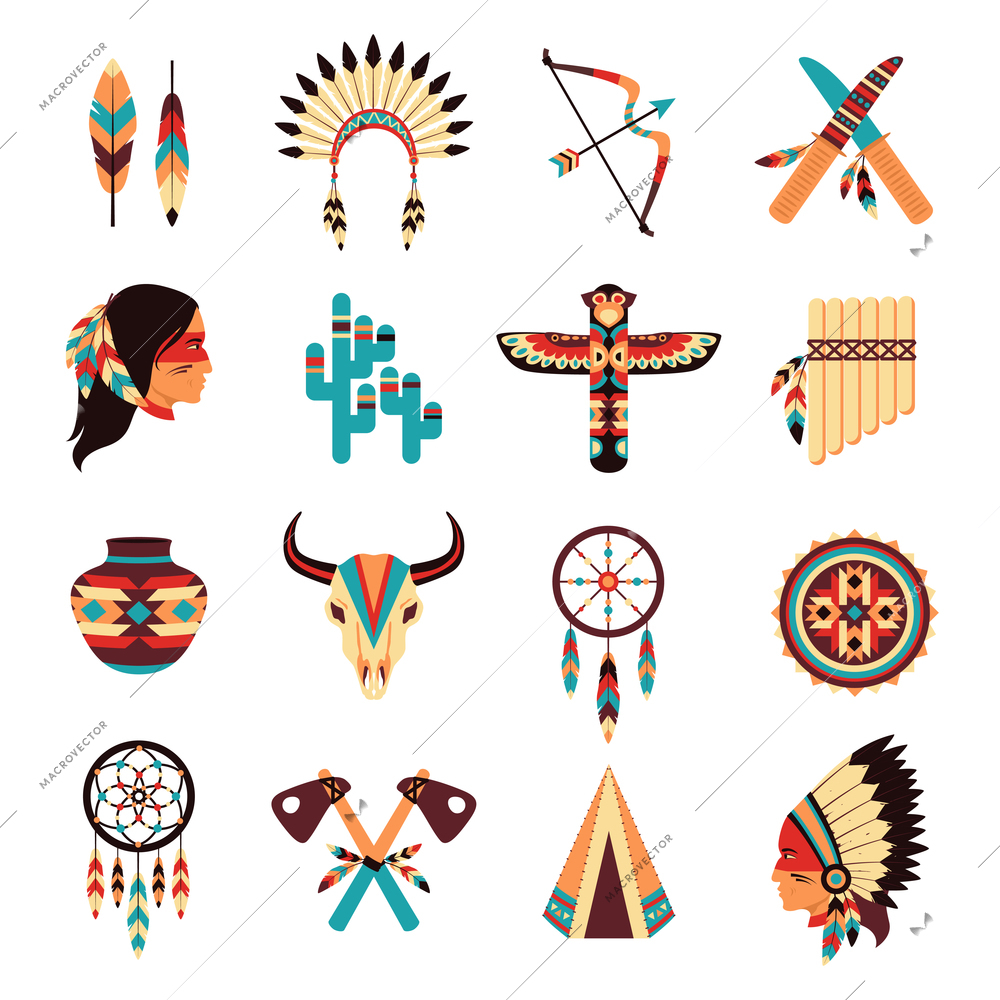 Ethnic american idigenous tribal amulets and symbols icons collection  with native feathers headdress abstract isolated vector illustration