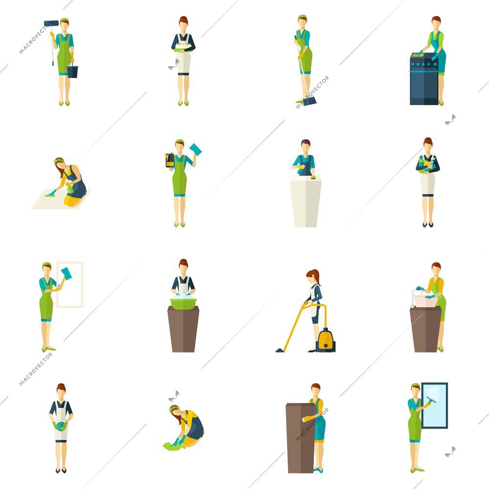 People involved the cleaning with tools and equipment color flat icons set isolated vector illustration