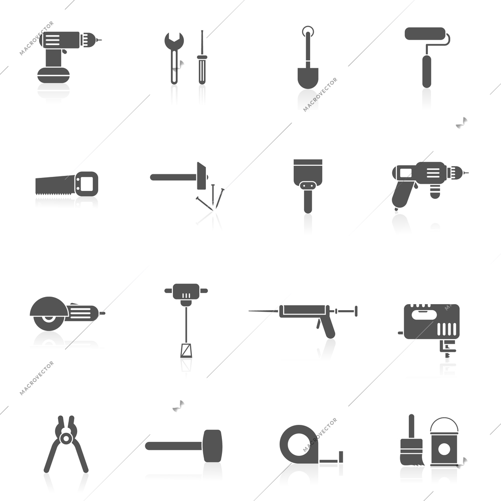 Black and white tools for repair and home improvement in bw color vector illustration