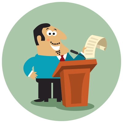 Business boss character with paper document at tribune with microphone on public conference concept isolated vector illustration