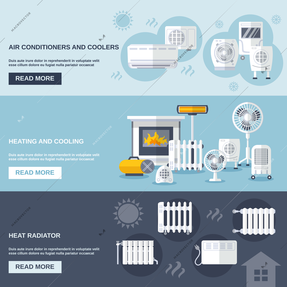 Heating and cooling banner set with conditioner flat elements isolated vector illustration