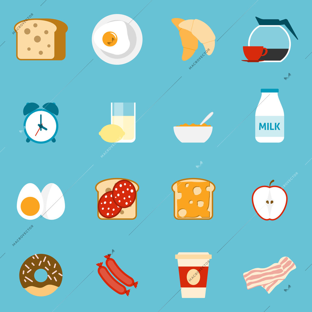 Breakfast icons set with sandwiches milk and coffee on blue background flat isolated vector illustration
