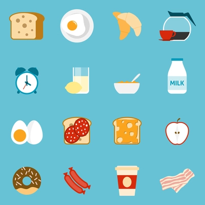 Breakfast icons set with sandwiches milk and coffee on blue background flat isolated vector illustration