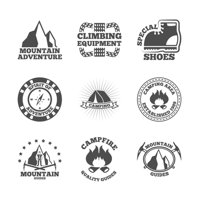 Mountains climbing equipment quide and camping area adventures black labels emblems logo set abstract isolated vector illustration