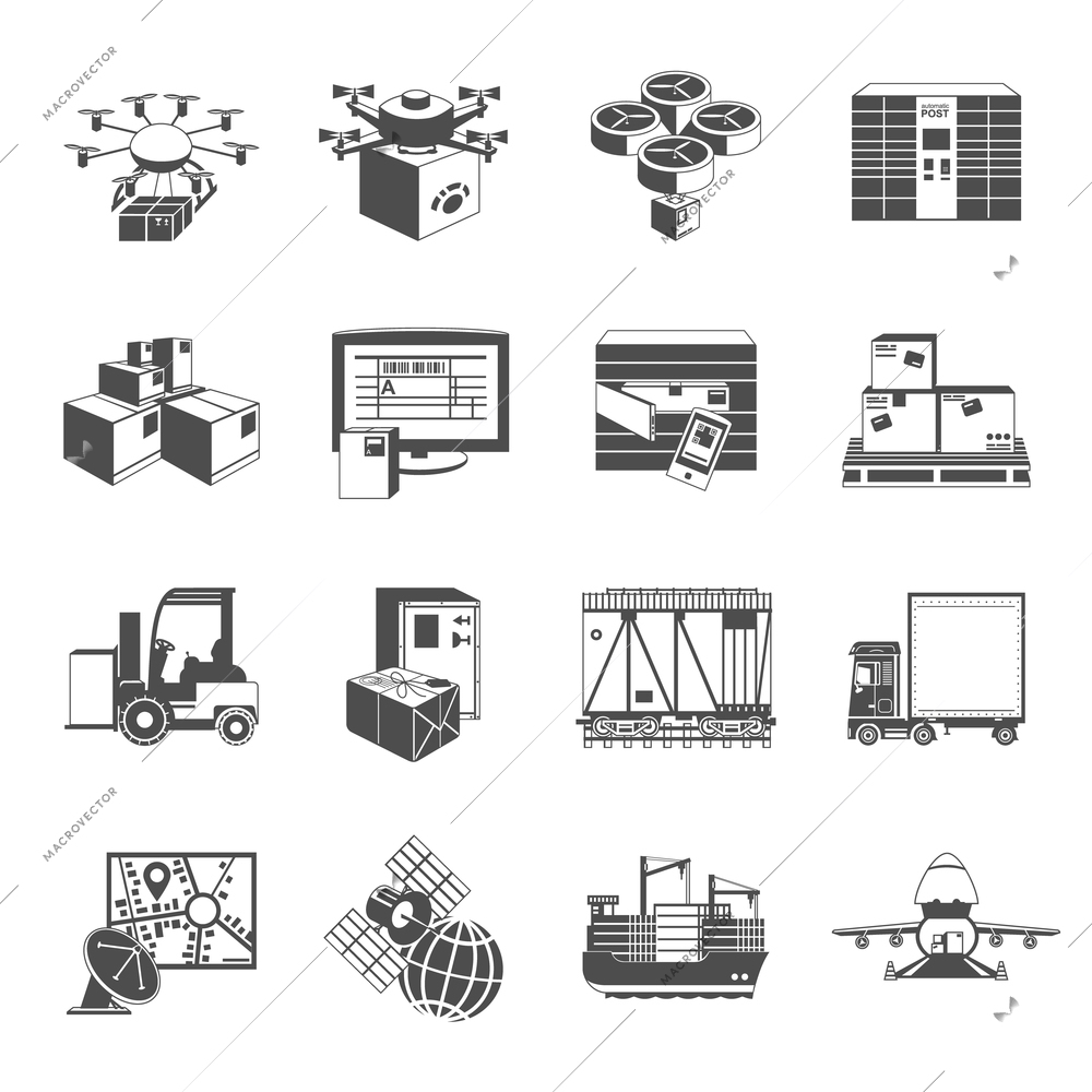 Future logistics concept of automatic parcels tracing and delivery system icons set black abstract isolated vector illustration