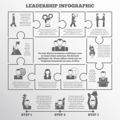 Leadership and startup puzzle infographic set with three steps of success flat vector illustration