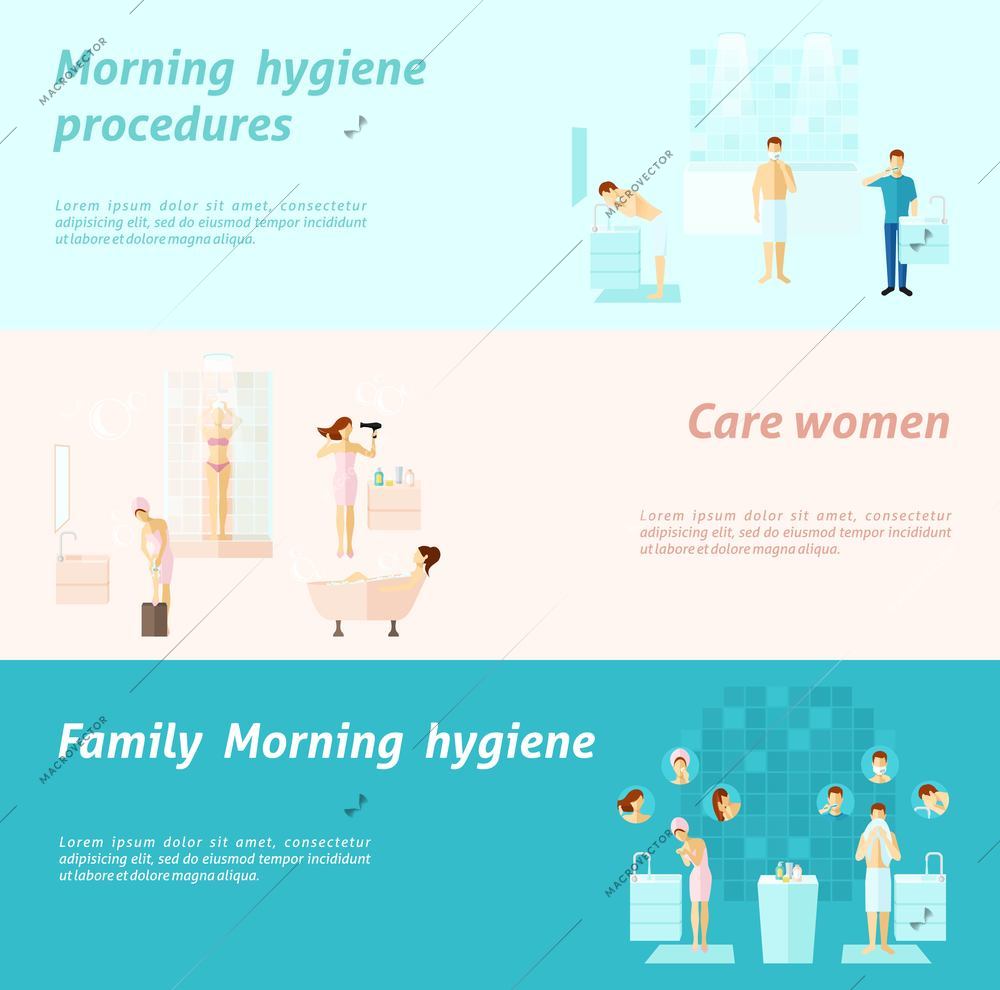 Morning personal and family hygiene and woman care flat horizontal banners set isolated vector illustration