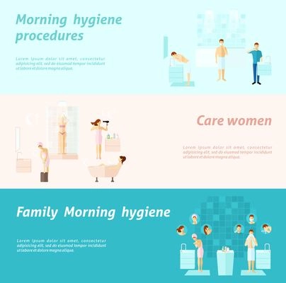 Morning personal and family hygiene and woman care flat horizontal banners set isolated vector illustration