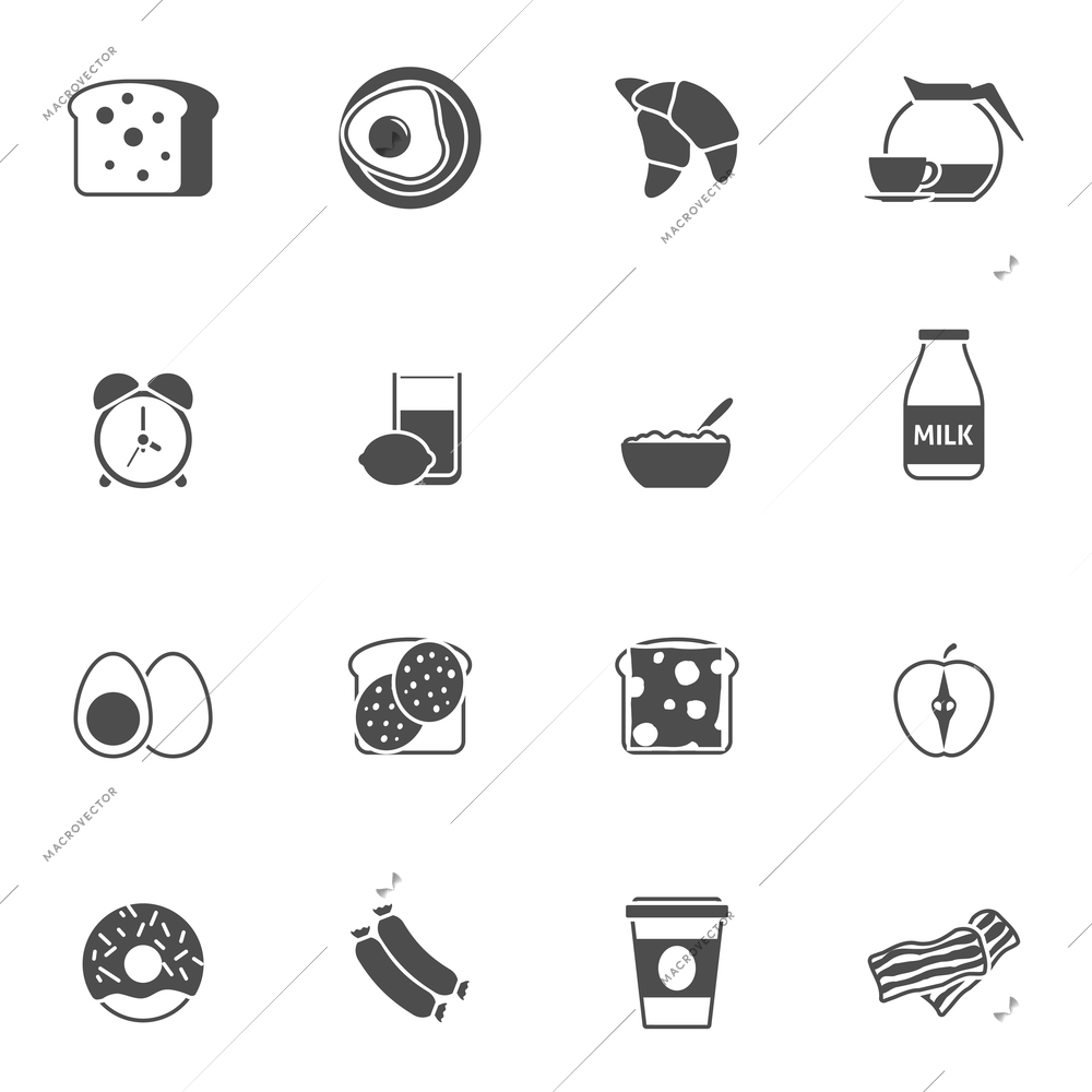 Breakfast and morning icons set with juice bacon and eggs black white flat isolated vector illustration