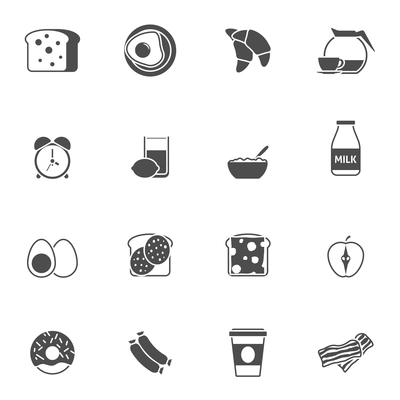 Breakfast and morning icons set with juice bacon and eggs black white flat isolated vector illustration