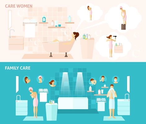 Woman and family hygiene and care flat horizontal banners set vector illustration
