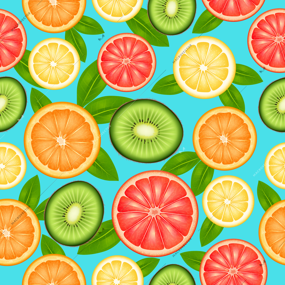 Fruit seamless pattern with cut top view citrus and kiwi vector illustration