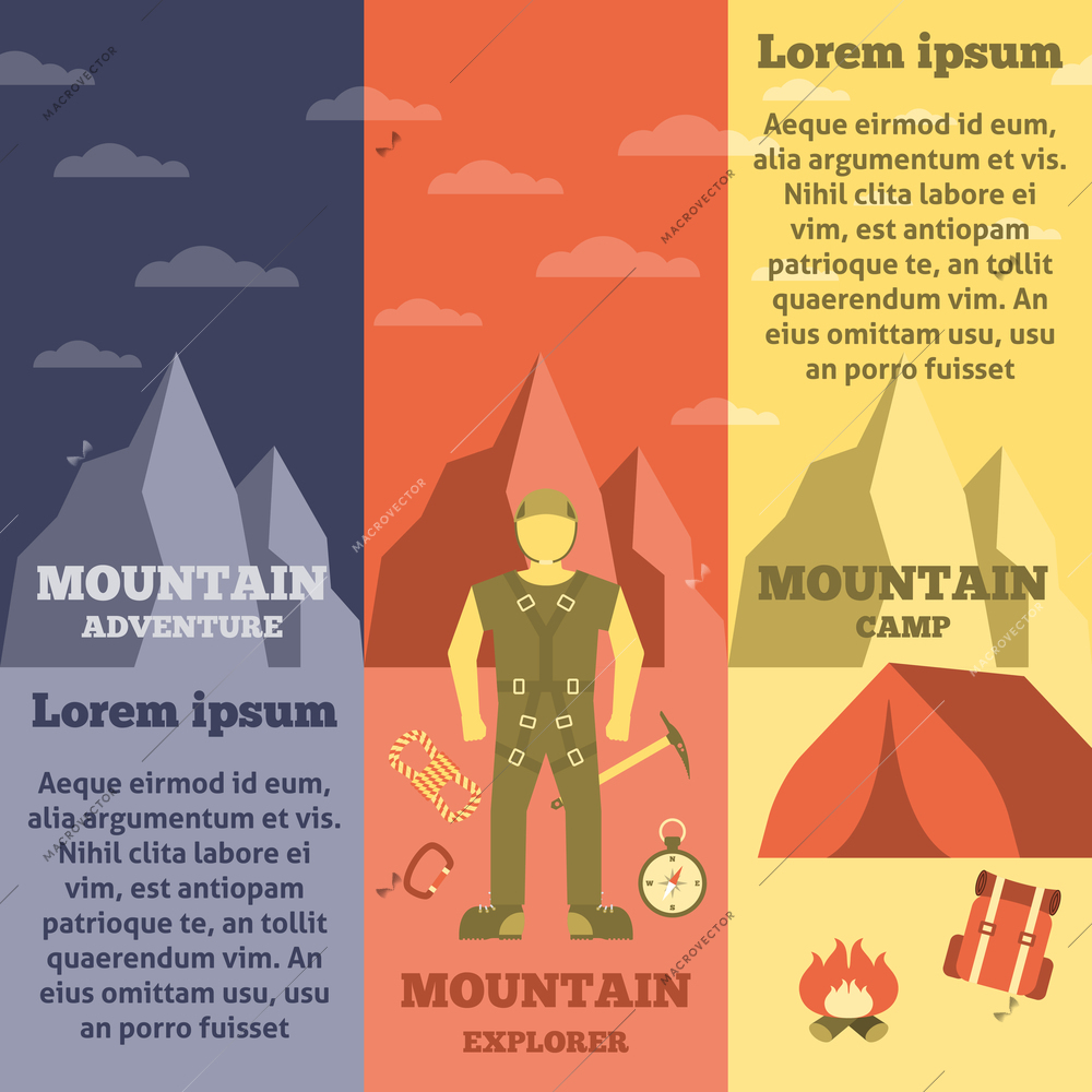 Mountain climbing exploring adventure camp and rope safety equipment informative vertical banners set flat abstract vector illustration