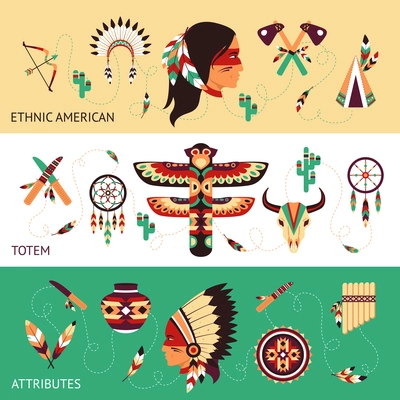 Native american tribes traditional protective ethnic totems and attributes historical concept horizontal banners set abstract vector illustration