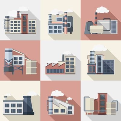 Industrial buildings and power plants flat long shadow icons set isolated vector illustration