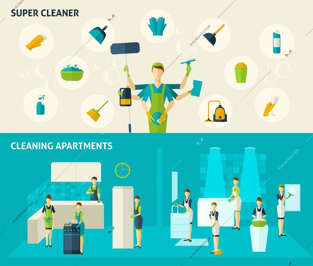 Super cleaner and cleaning apartments color flat horizontal banners set isolated vector illustration