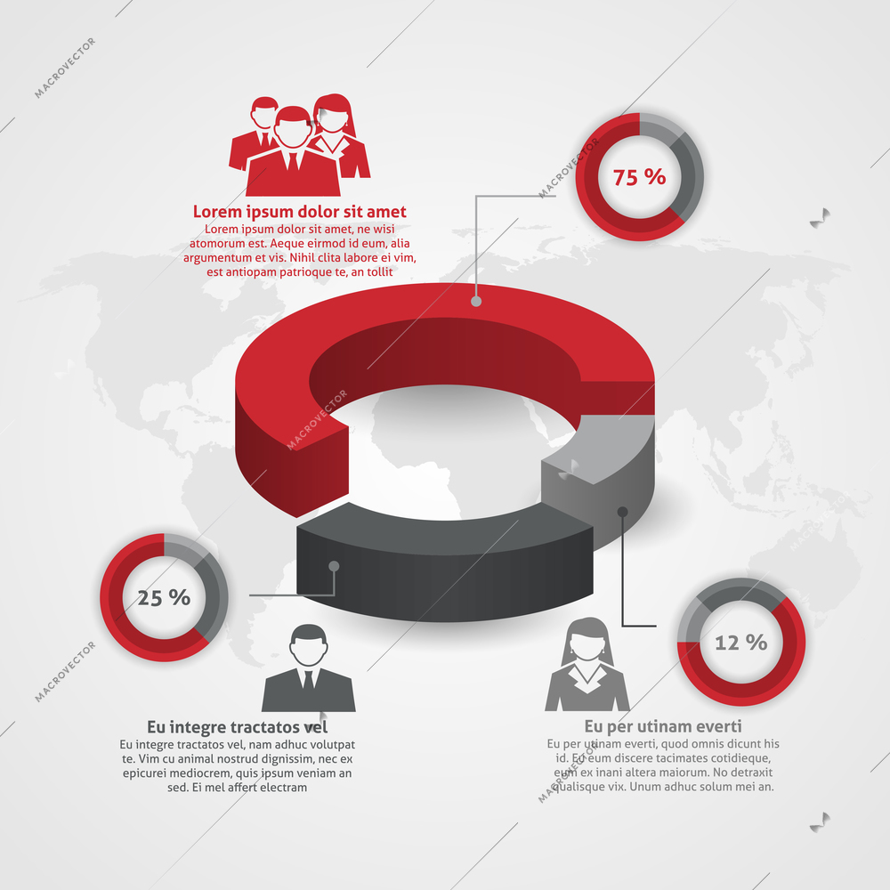 Business management team demographic composition man woman percentage circle diagram infographic report flat poster abstract vector illustration