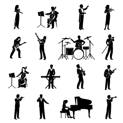 Rock pop and classical musicians icons black silhouettes set isolated vector illustration