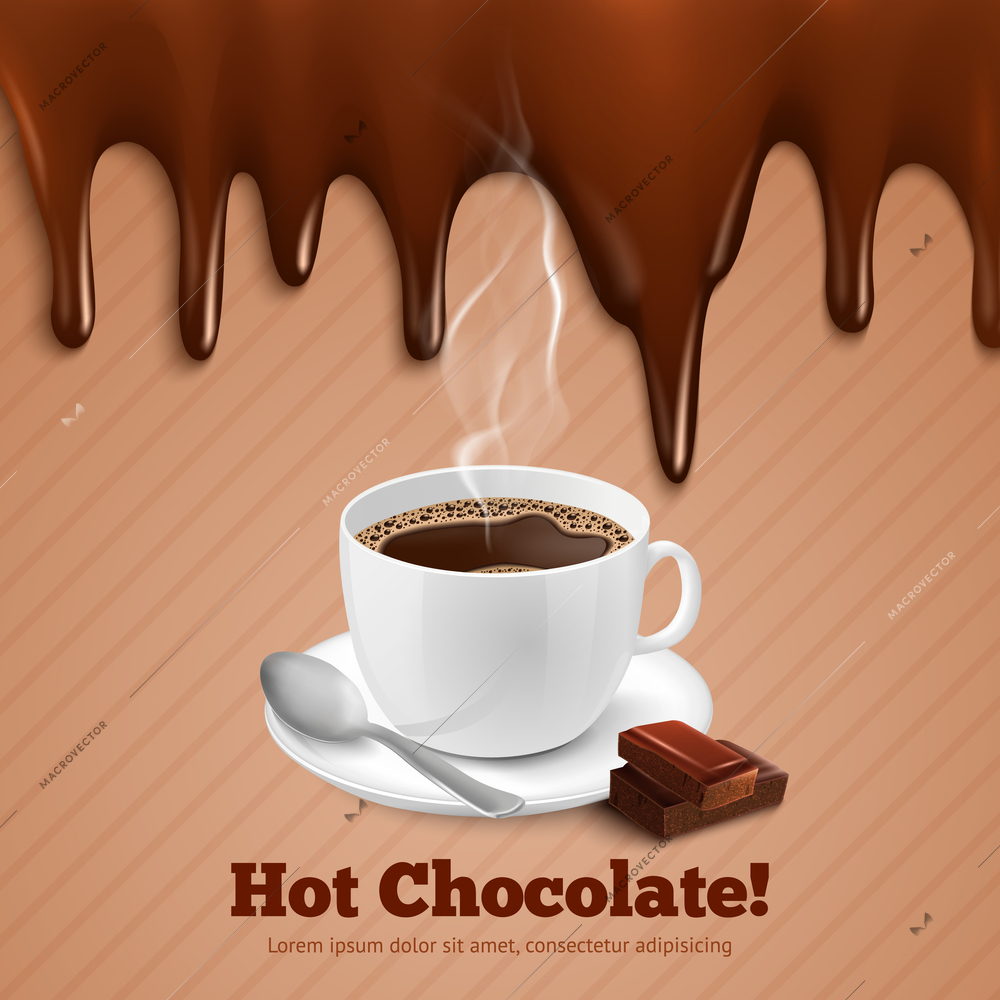 Cup of hot coffee with chocolate splash background vector illustration