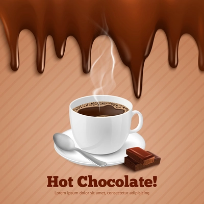 Cup of hot coffee with chocolate splash background vector illustration