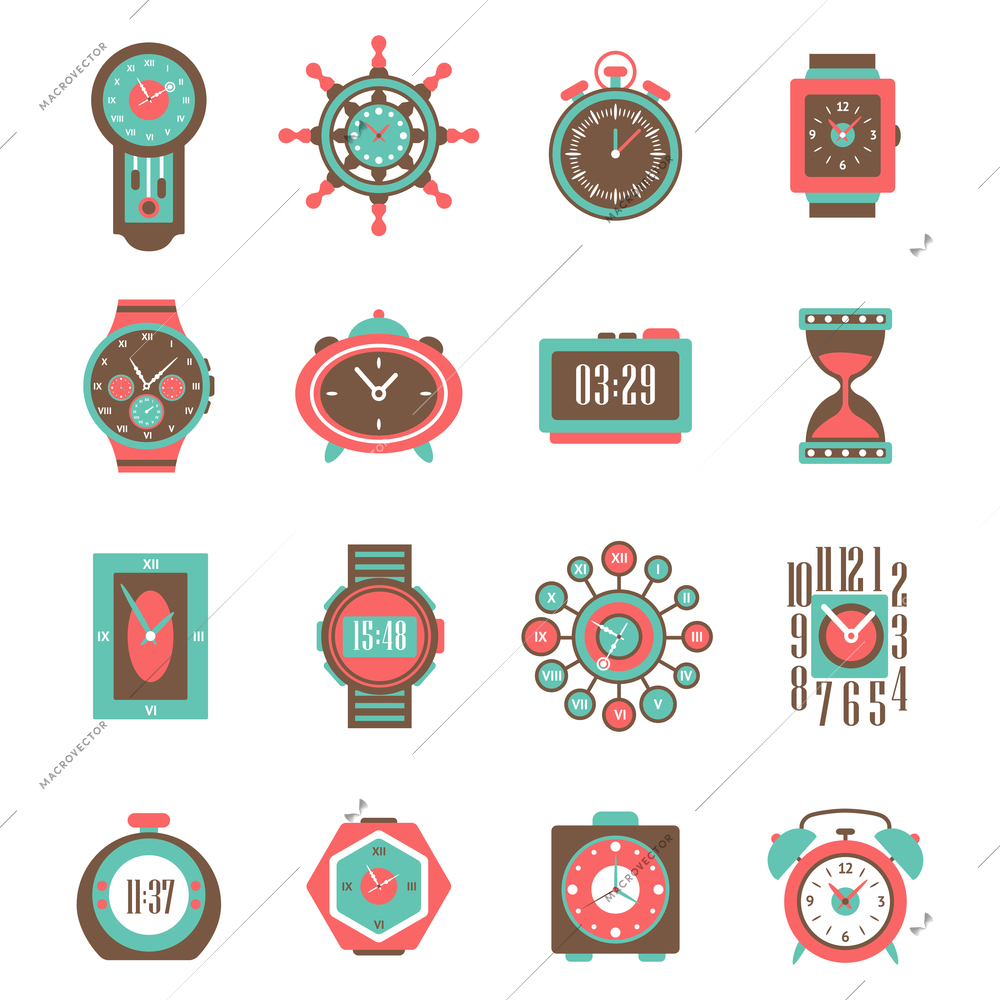 Modern and classic analog clock and watch icon set isolated vector illustration