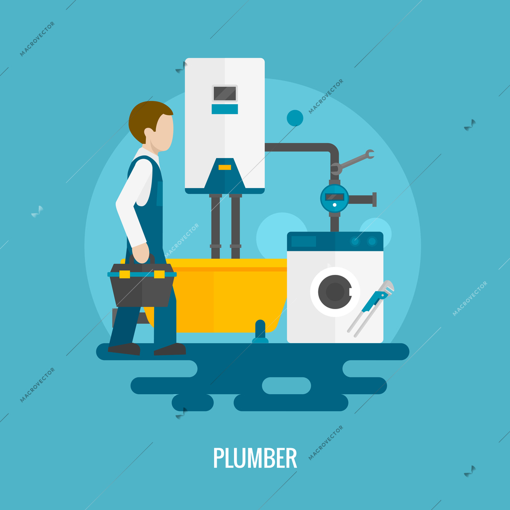 Plumber with washing machine bath and pipe system icon flat vector illustration