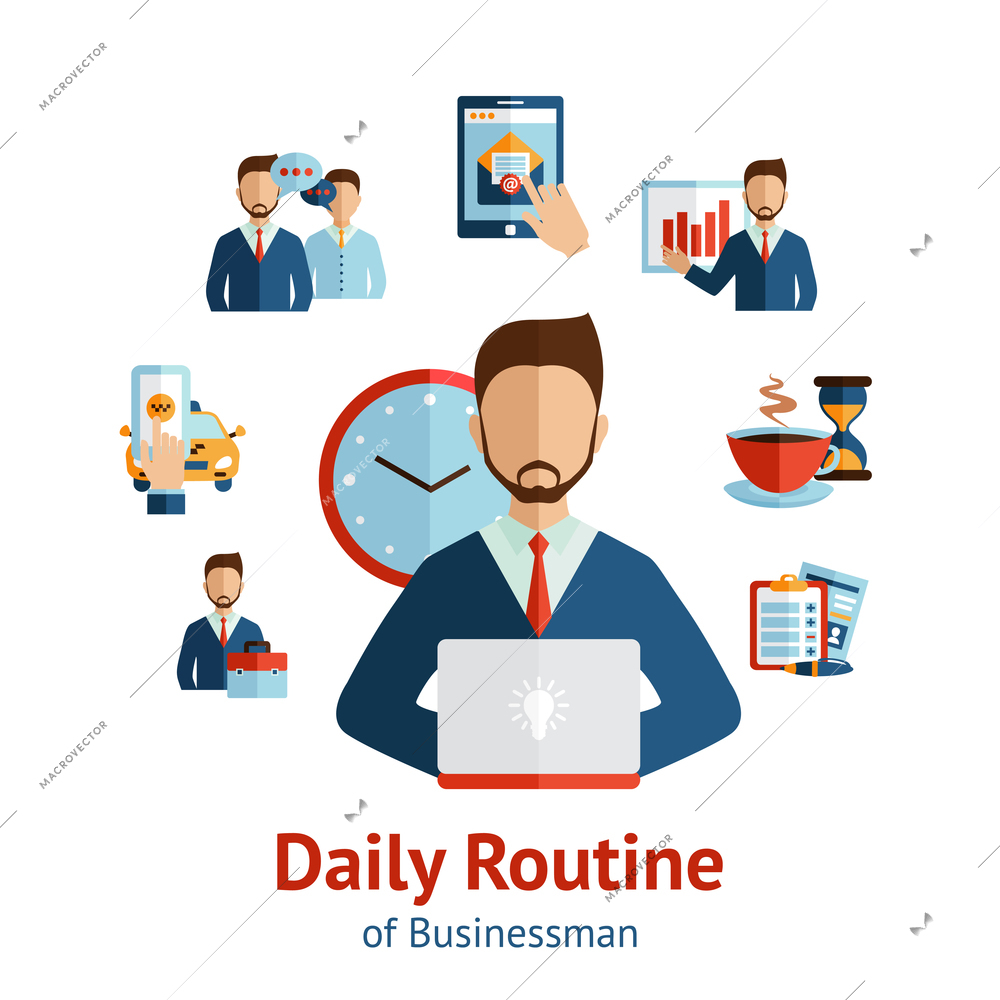 Businessman cartoon character round the clock daily routine planning  circle pictograms  composition scheme poster abstract vector illustration