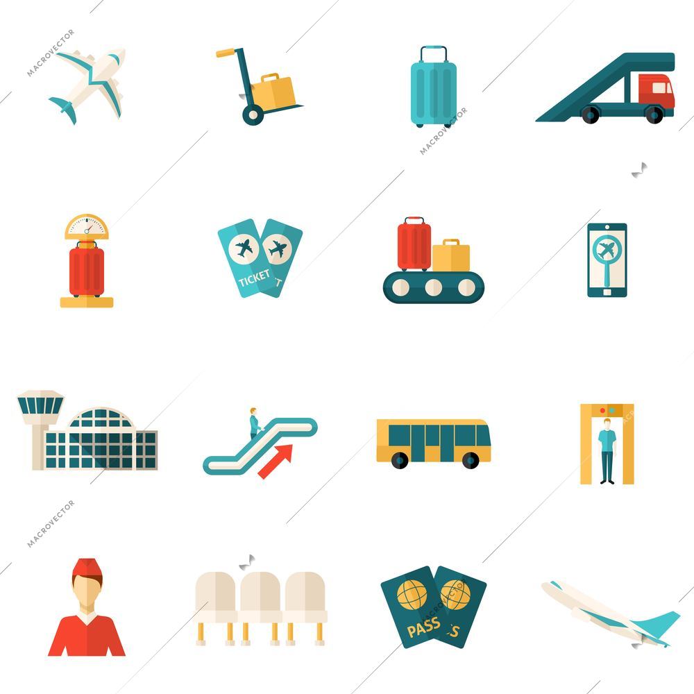 Airport icons flat set with passenger lounge security check and airplane isolated vector illustration